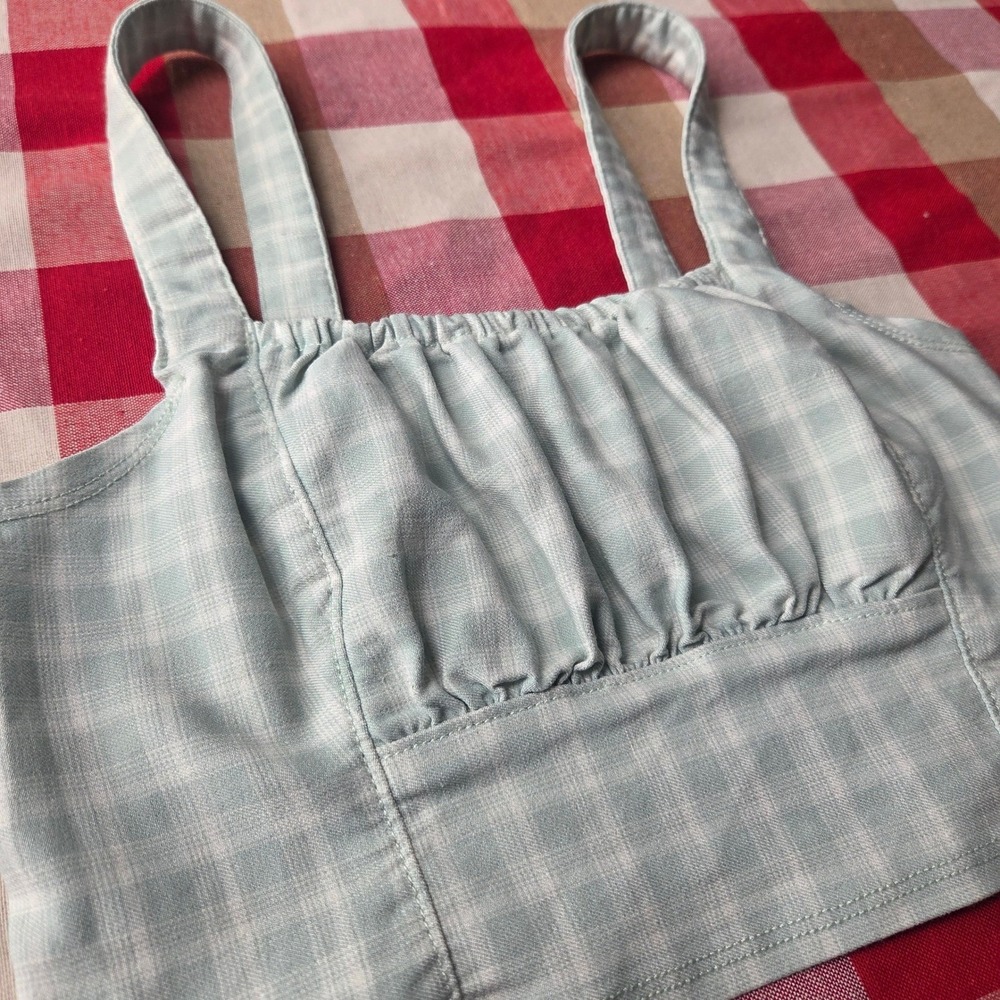 Hollister Mint Green Gingham Ruched Bustier Crop Top XS Sage Coquette Preppy